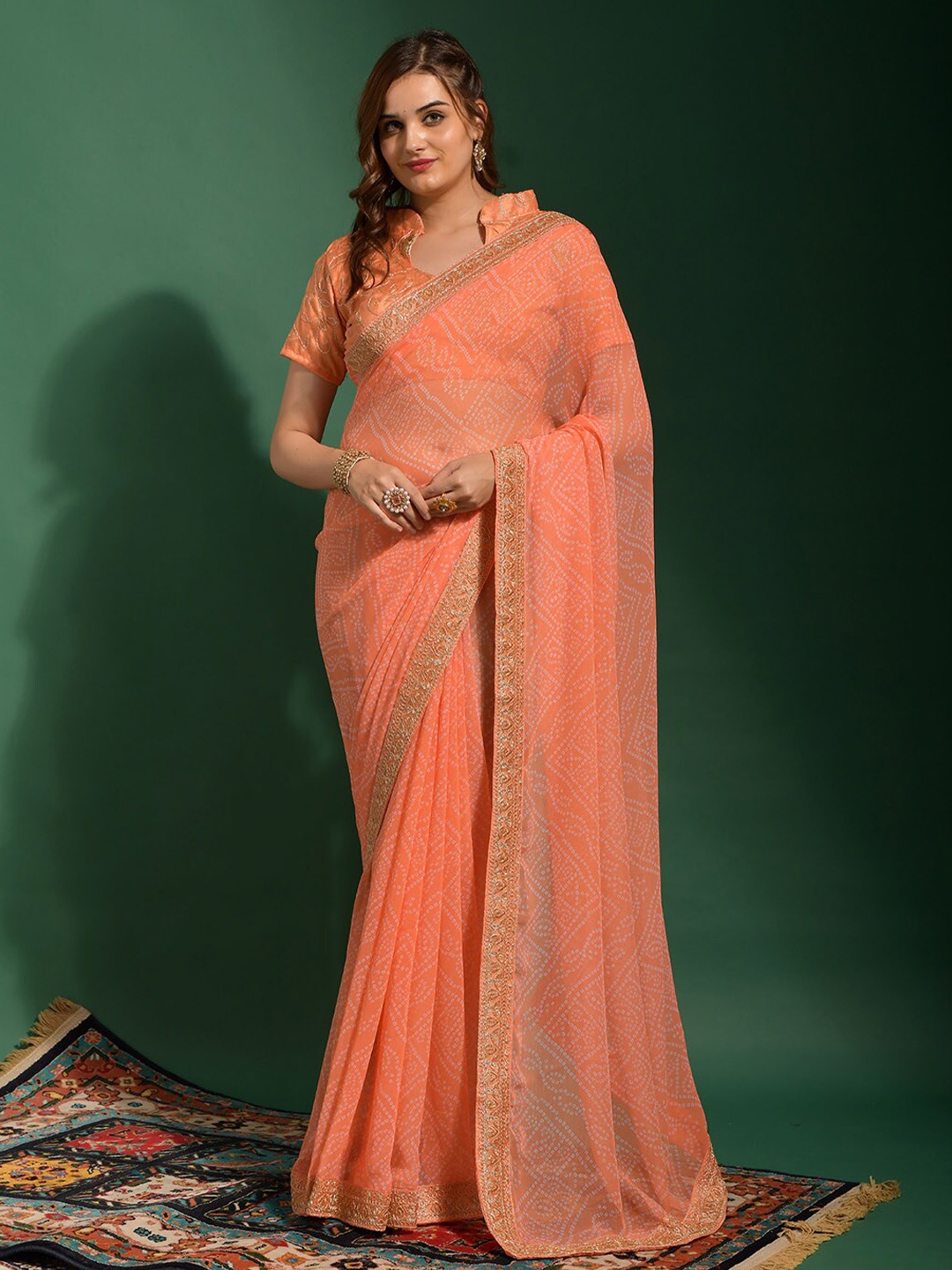 

ODETTE Printed Bandhani Saree, Peach