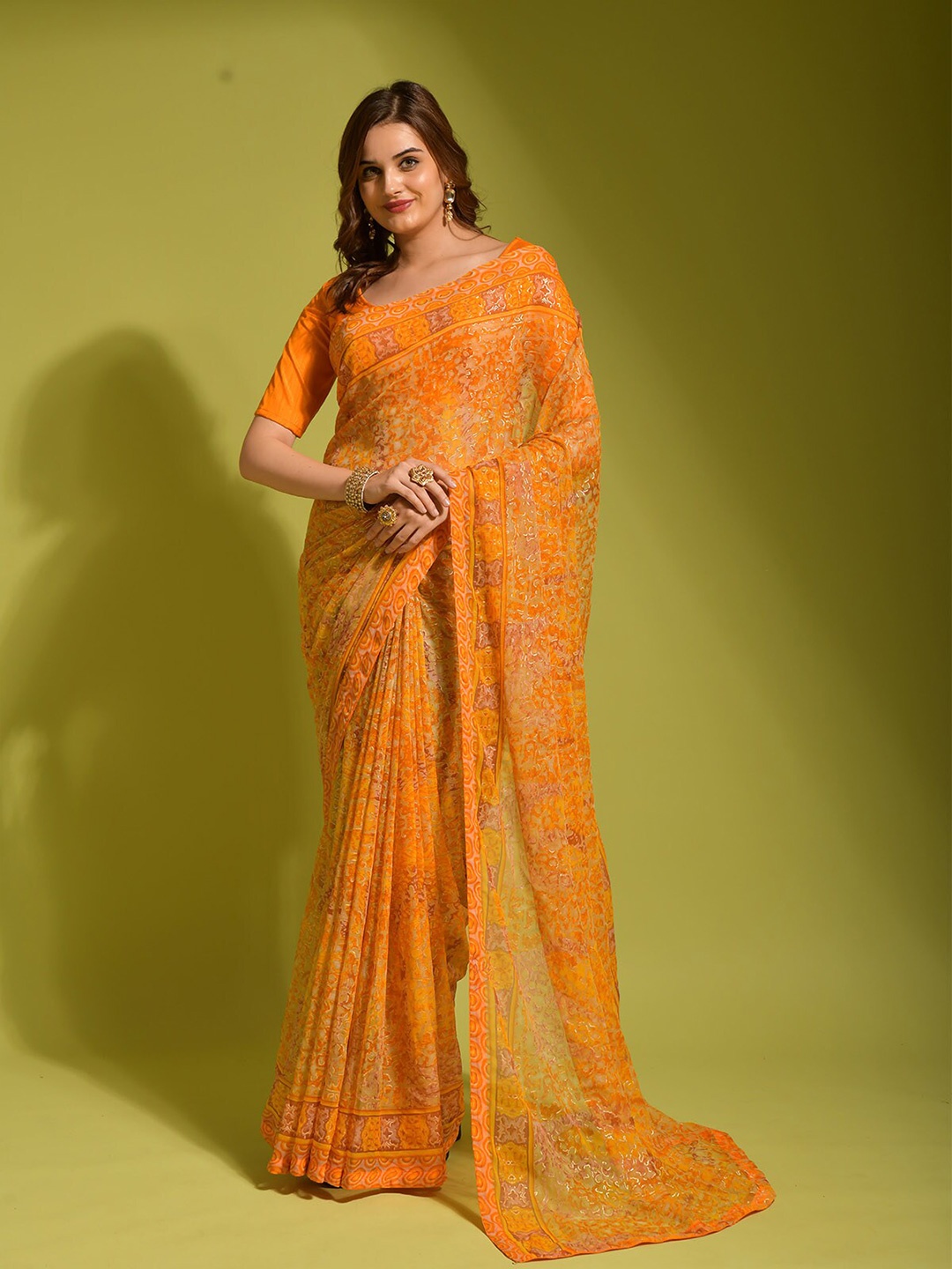 

ODETTE Floral Printed Designer Saree, Yellow