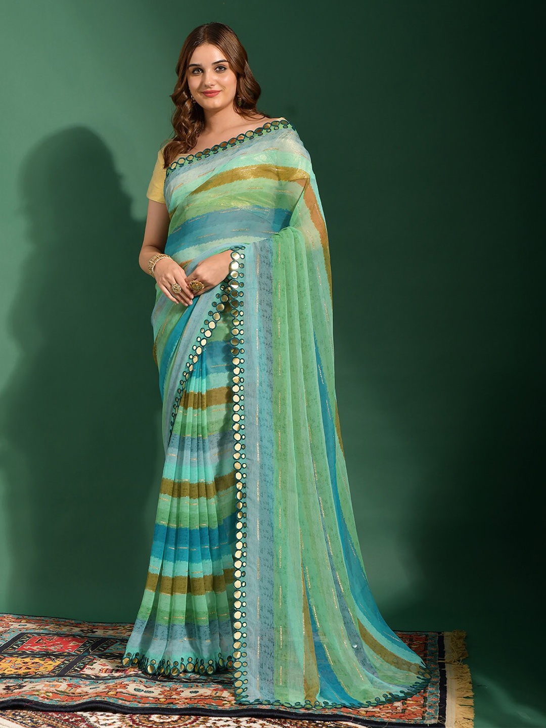 

ODETTE Striped Mirror Work Saree, Sea green