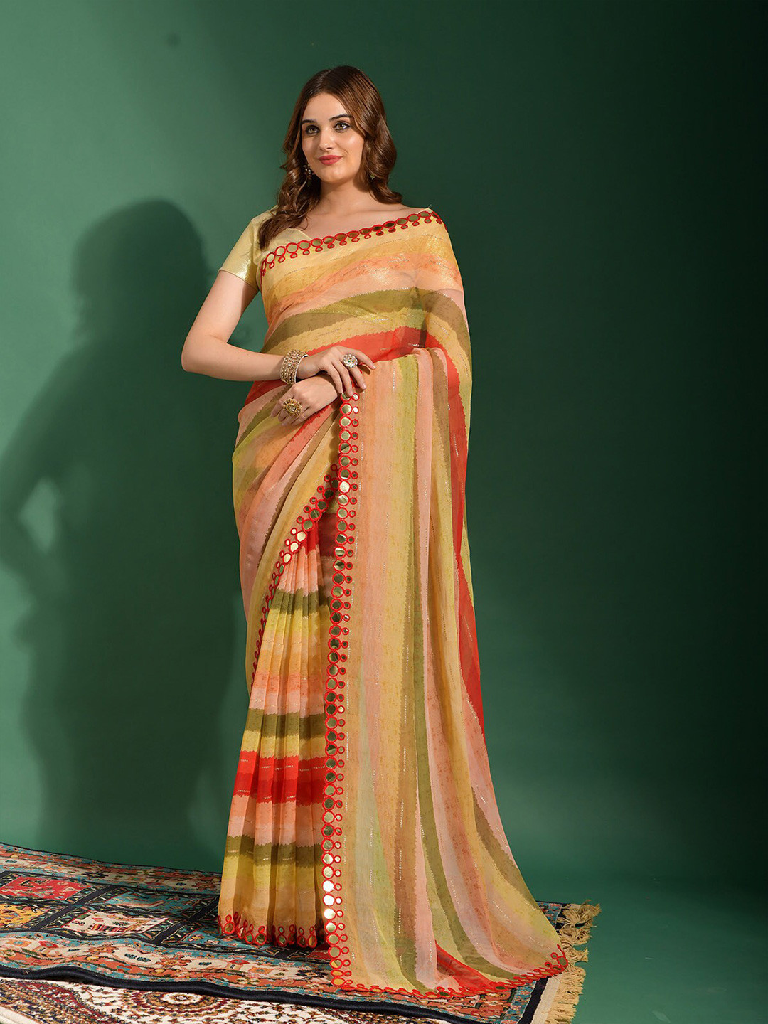 

ODETTE Striped Mirror Work Saree, Beige