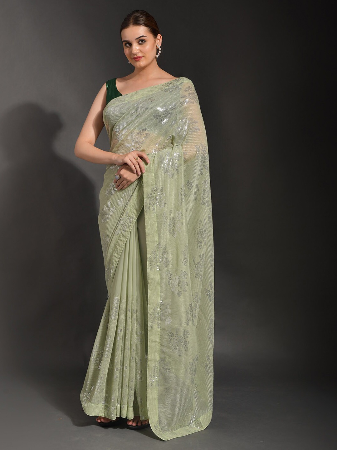 

ODETTE Floral Embellished Saree, Green