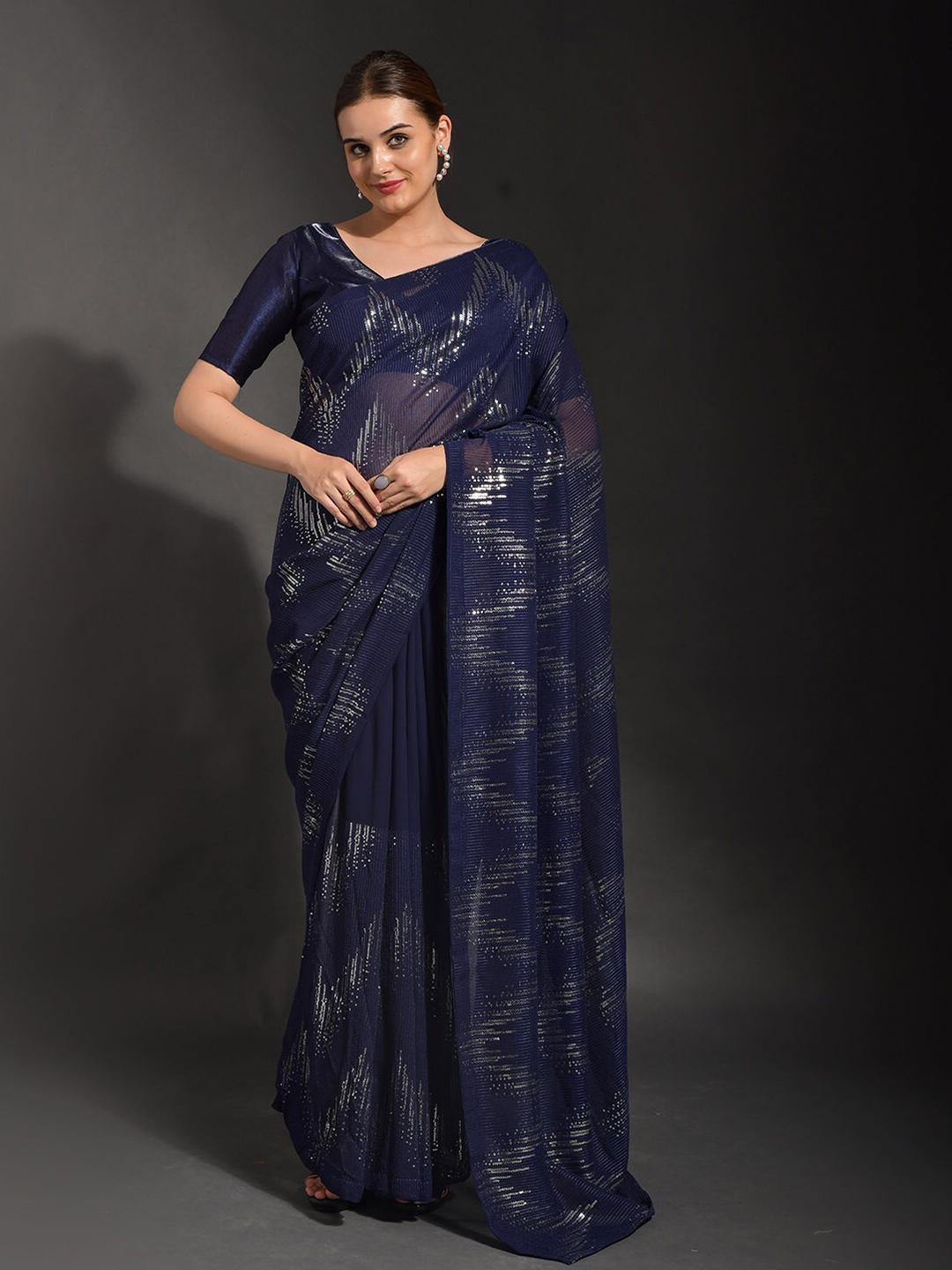 

ODETTE Embellished Georgette Saree, Navy blue