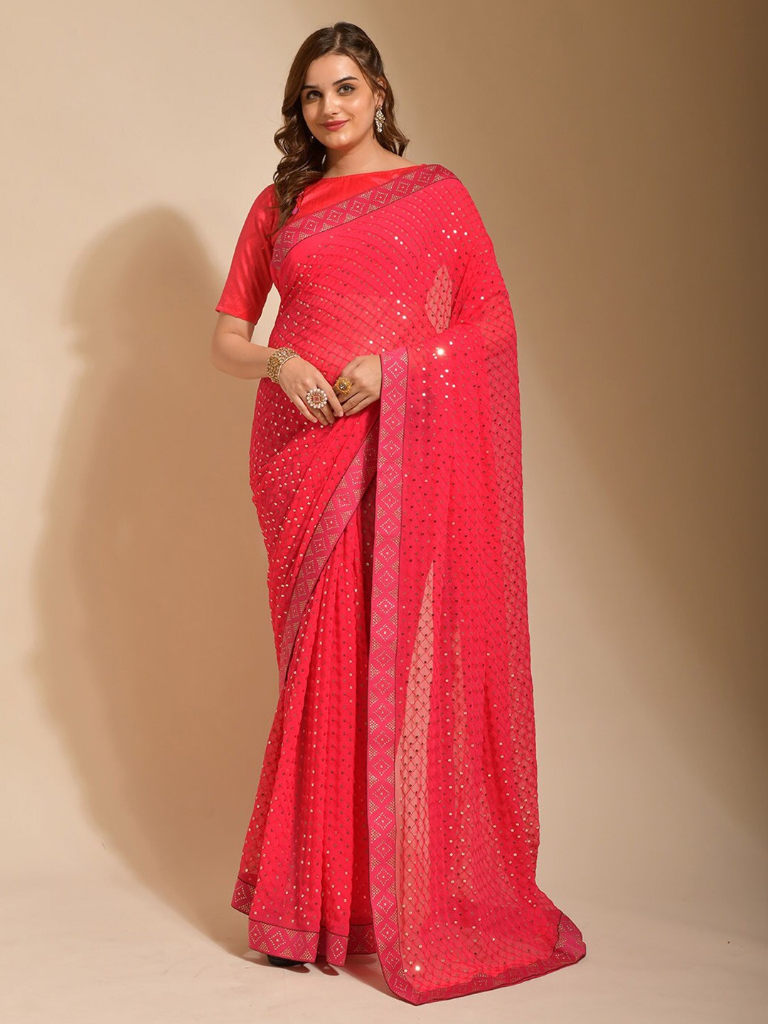 

ODETTE Embellished Sequinned Saree, Pink