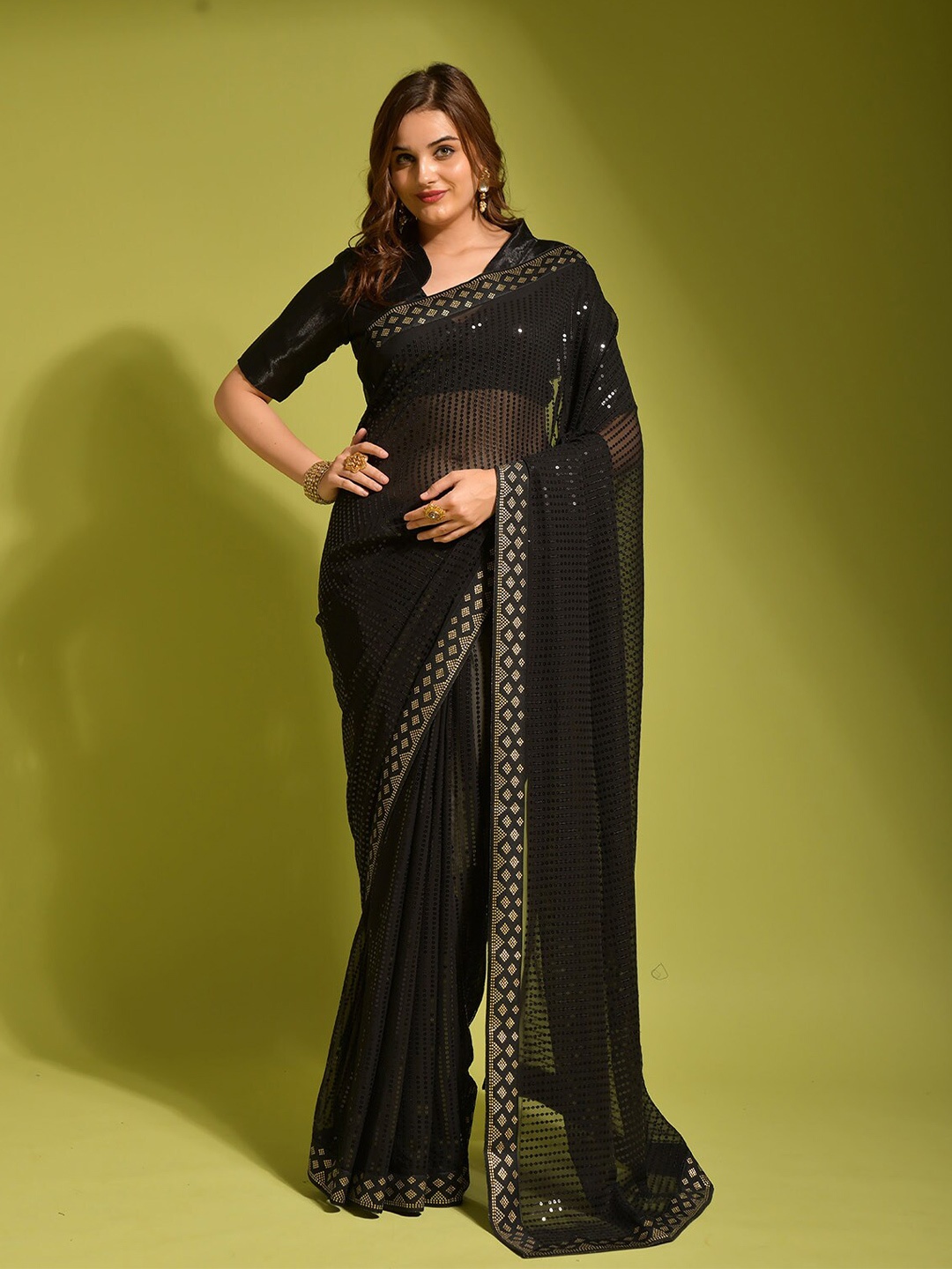 

ODETTE Embellished Sequinned Georgette Saree, Black