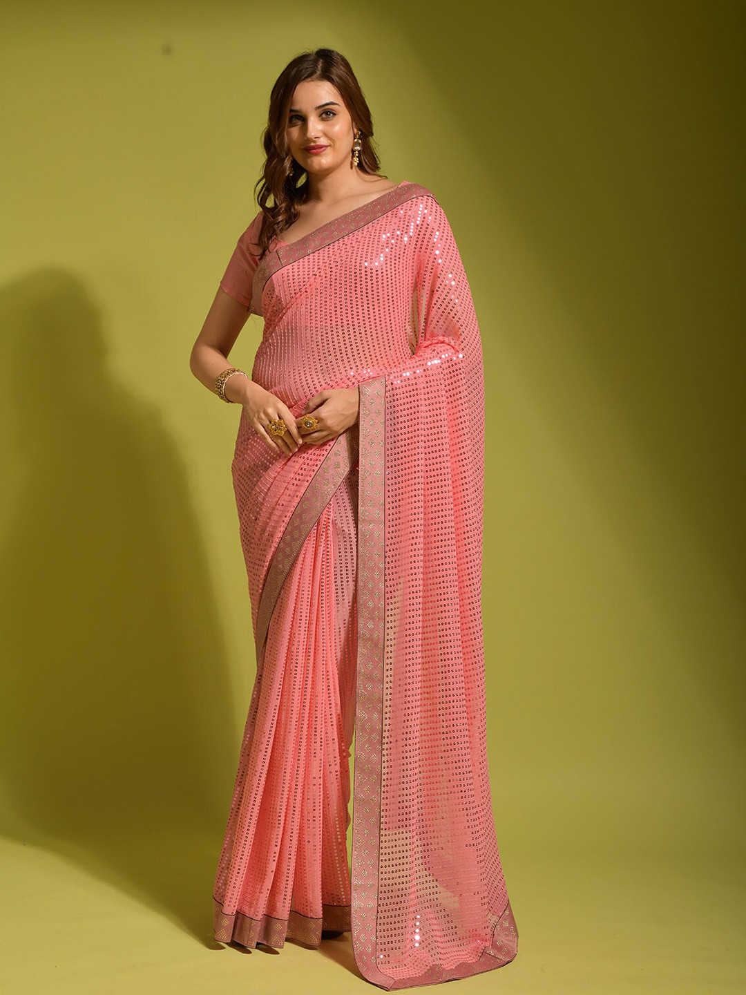 

ODETTE Embellished Sequinned Saree, Pink