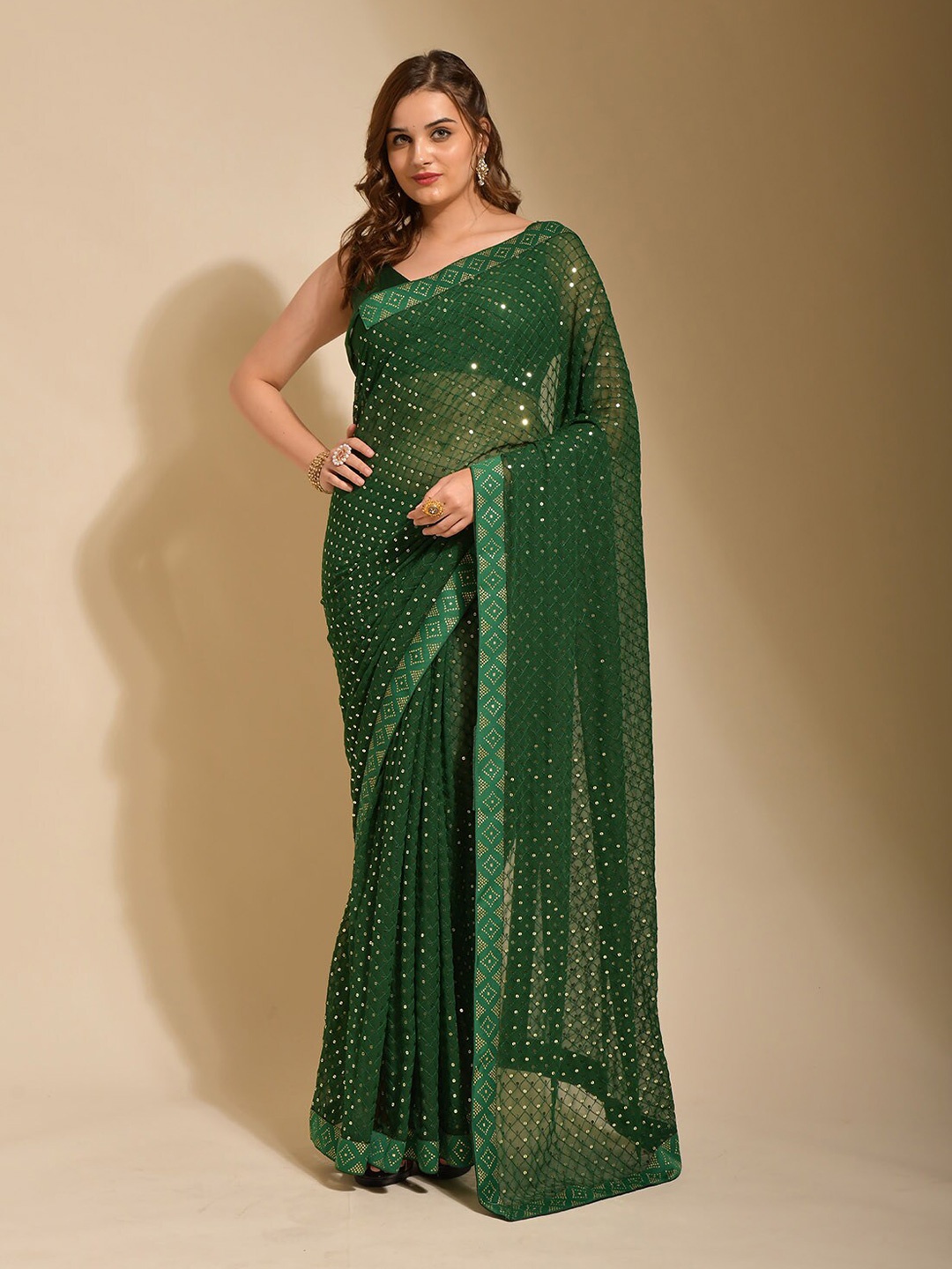 

ODETTE Embellished Sequinned Saree, Green