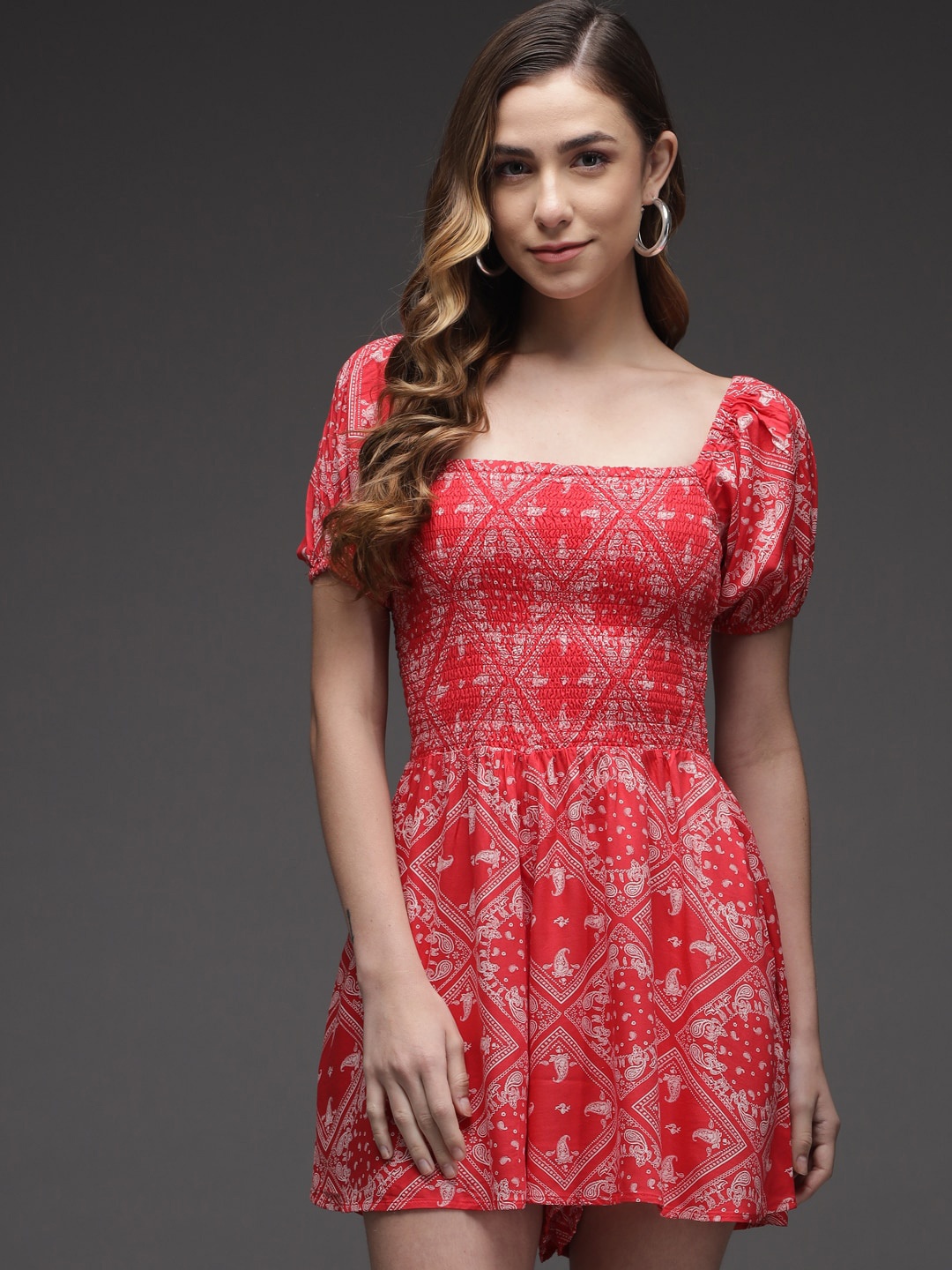 

Darzi Square Neck Ethnic Motifs Dress, Red