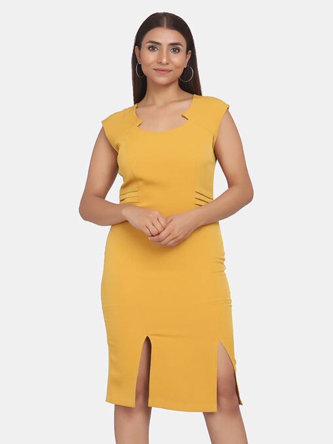 

PowerSutra Round Neck Formal Sheath Dress, Mustard