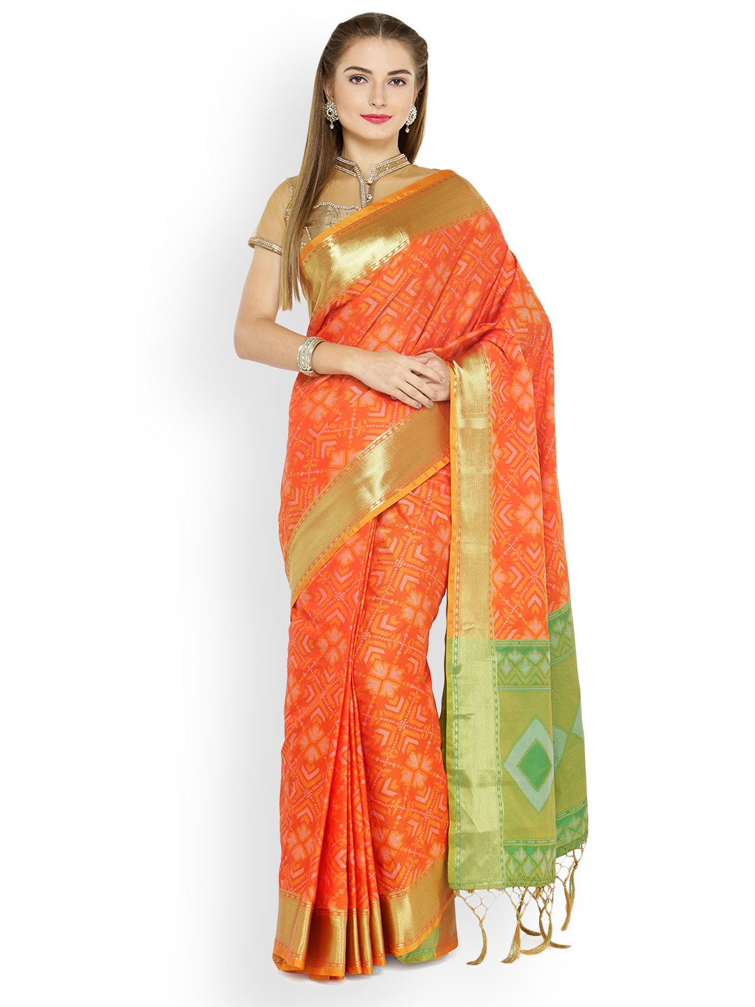 

Kvsfab Orange & Green Silk Cotton Printed Patola Saree