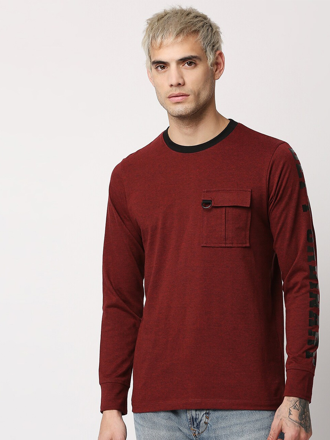 

Disrupt Long Sleeves Round Neck Cotton T-shirt, Maroon