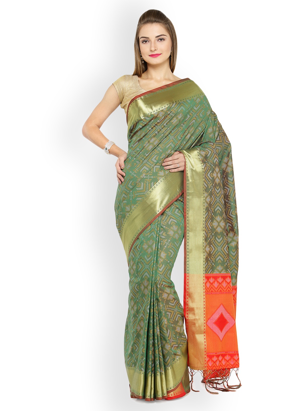 

Kvsfab Green & Orange Silk Cotton Printed Patola Saree