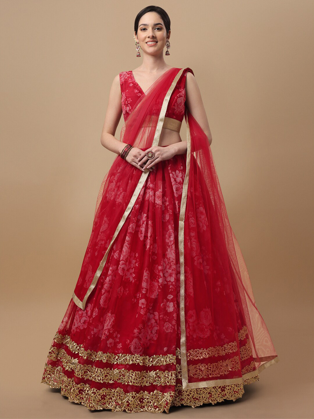 

SAPTRANGI Printed Ready to Wear Lehenga & Blouse With Dupatta, Red