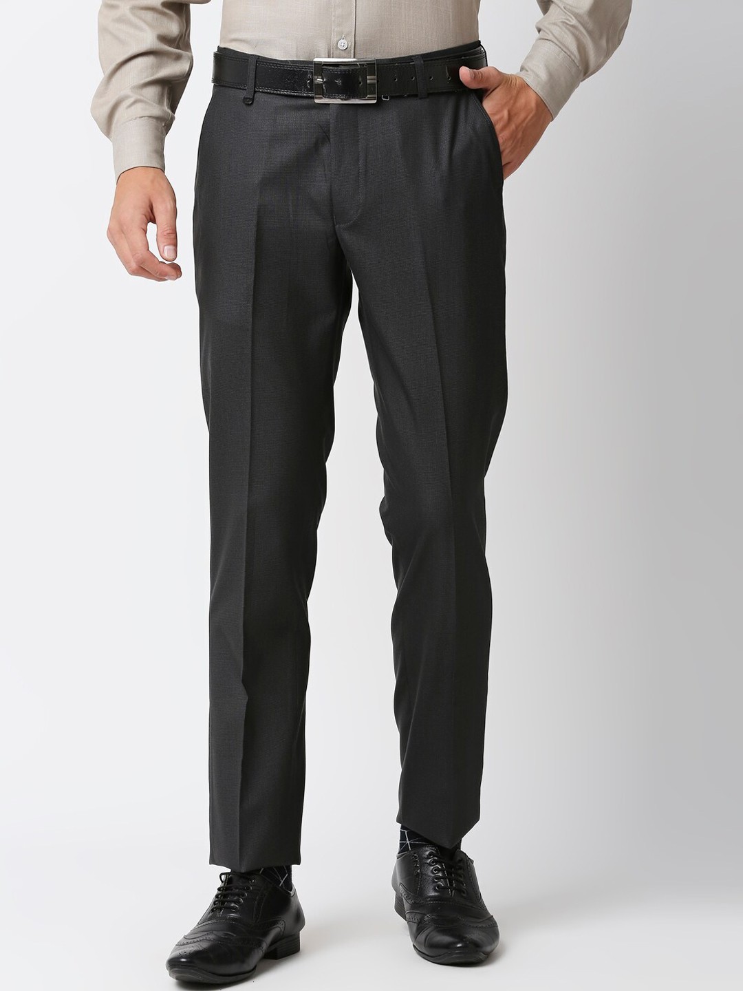 

Solemio Men Mid-Rise Regular Fit Formal Trousers, Charcoal