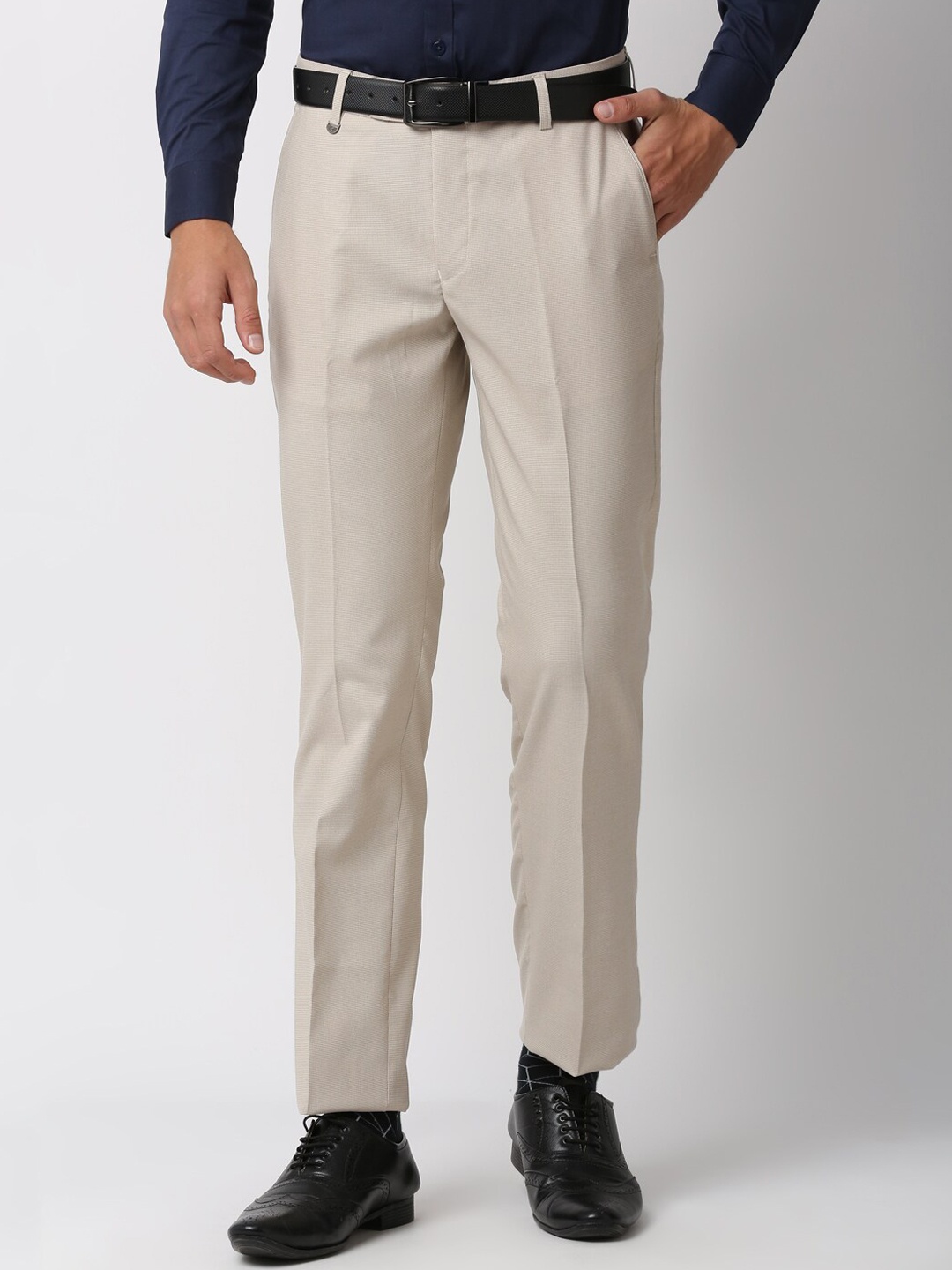 

Solemio Men Self Design Slim Fit Mid-Rise Formal Trousers, Beige