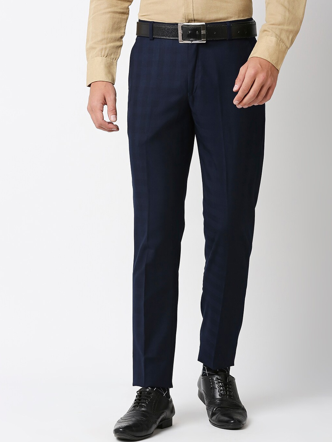 

Solemio Men Checked Regular Fit Mid-Rise Formal Trousers, Navy blue