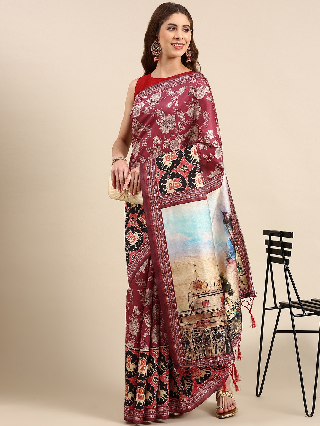 

VISHNU WEAVES Floral Printed Silk Cotton Ikat Saree, Pink