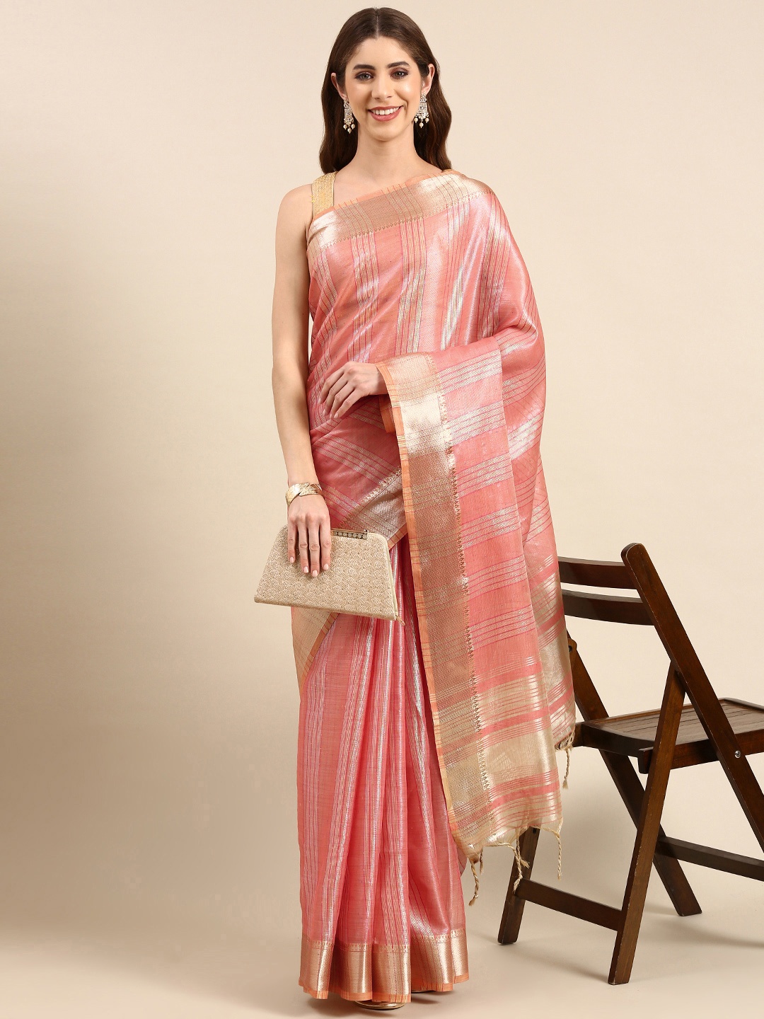 

VISHNU WEAVES Woven Design Striped Silk Cotton Maheshwari Saree, Rose gold