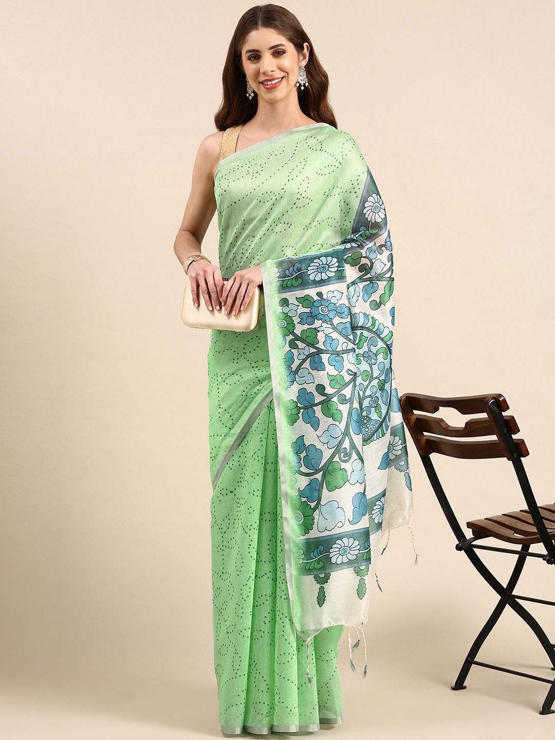 

VISHNU WEAVES Bandhani Printed Linen Blend Banarasi Saree, Lime green