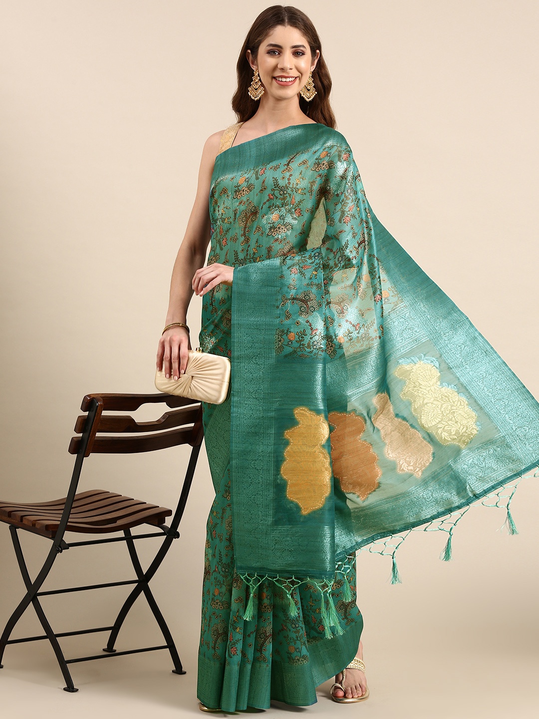 

VISHNU WEAVES Printed Zari Banarasi Saree, Green