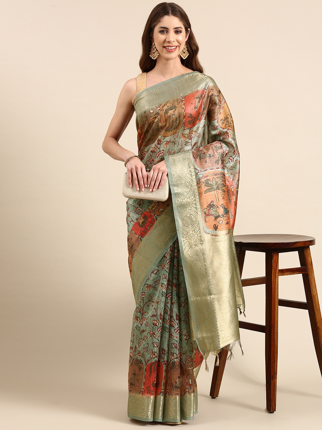

VISHNU WEAVES Floral Printed Zari Silk Blend Banarasi Saree, Green