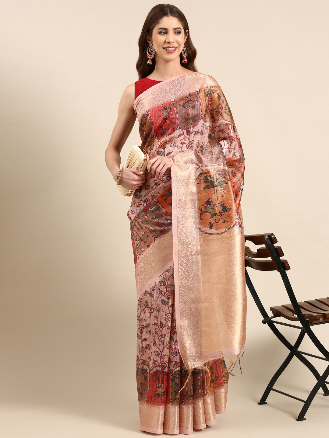 

VISHNU WEAVES Floral Printed Zari Silk Blend Banarasi Saree, Pink