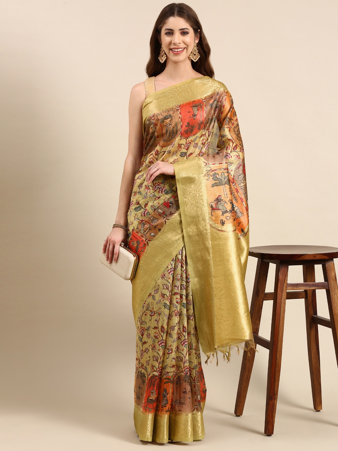 

VISHNU WEAVES Floral Printed Zari Silk Blend Banarasi Saree, Yellow