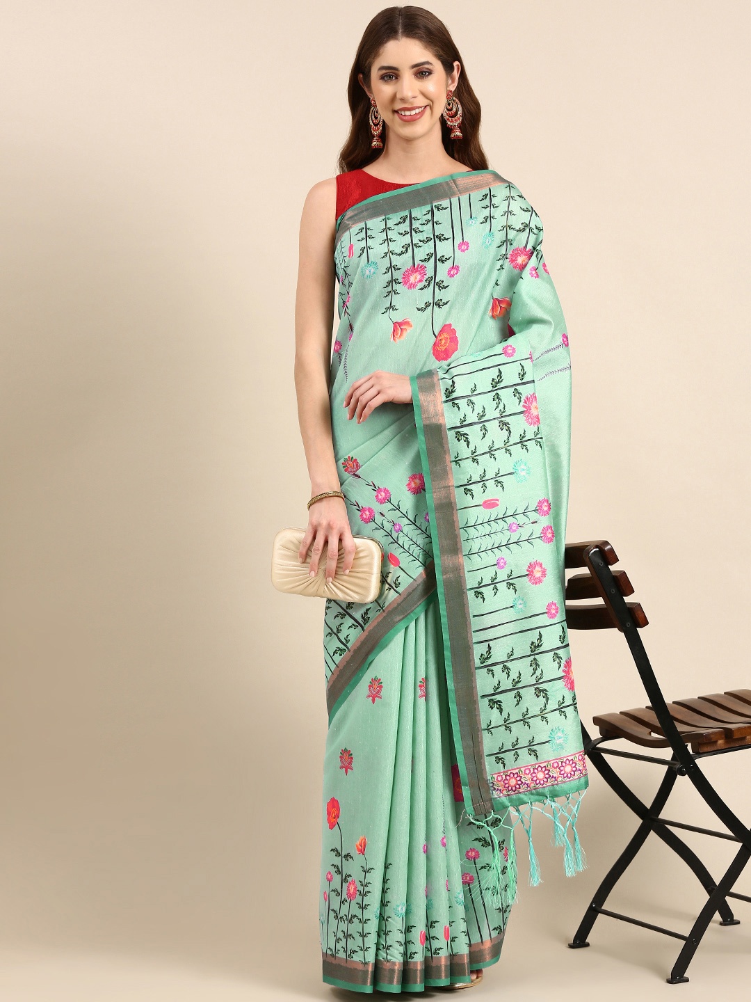 

VISHNU WEAVES Floral Printed Banarasi Saree, Sea green