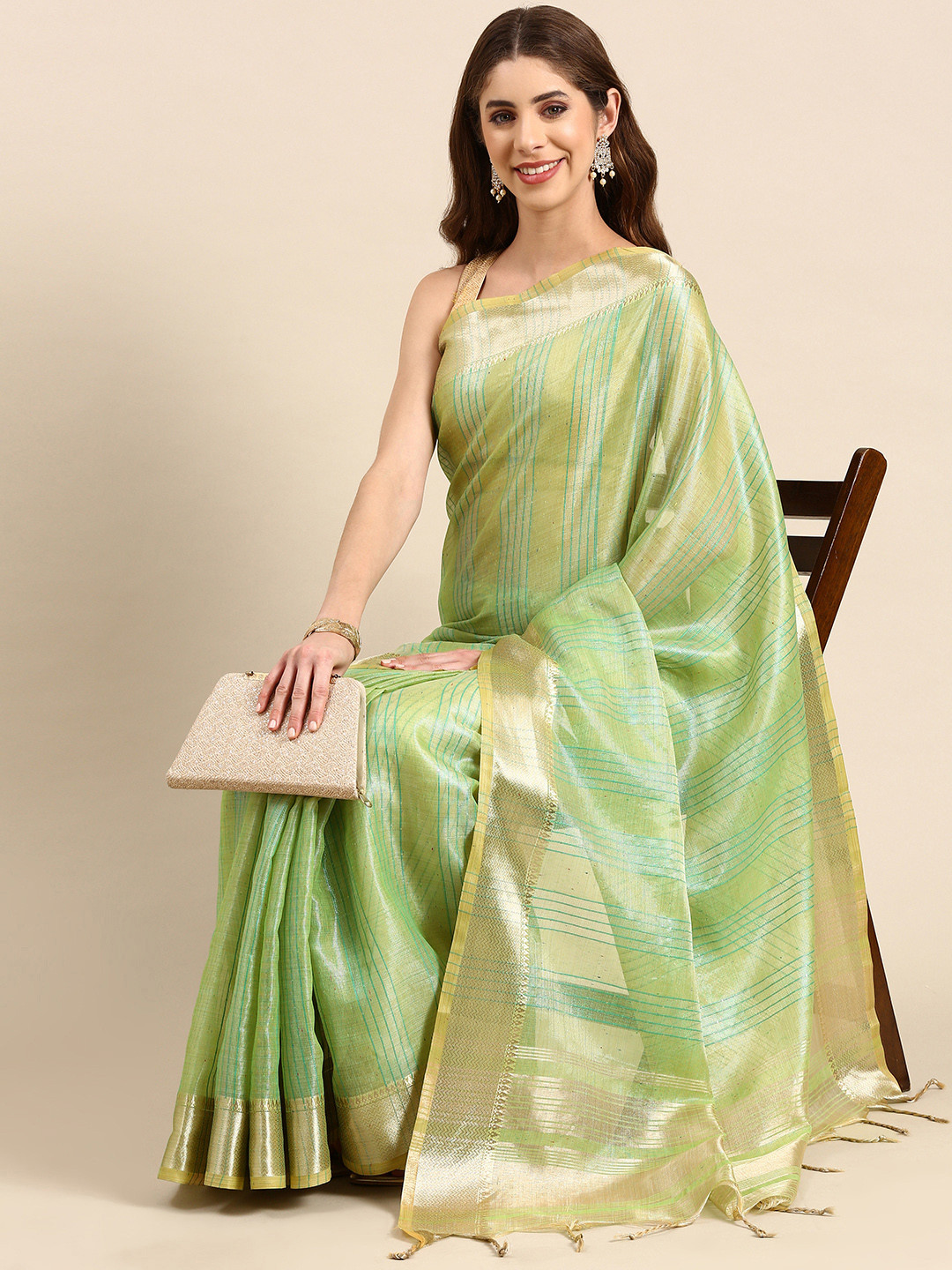 

VISHNU WEAVES Woven Design Striped Silk Cotton Maheshwari Saree, Lime green