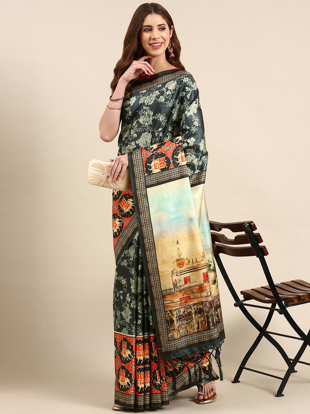 

VISHNU WEAVES Floral Printed Silk Cotton Ikat Saree, Blue