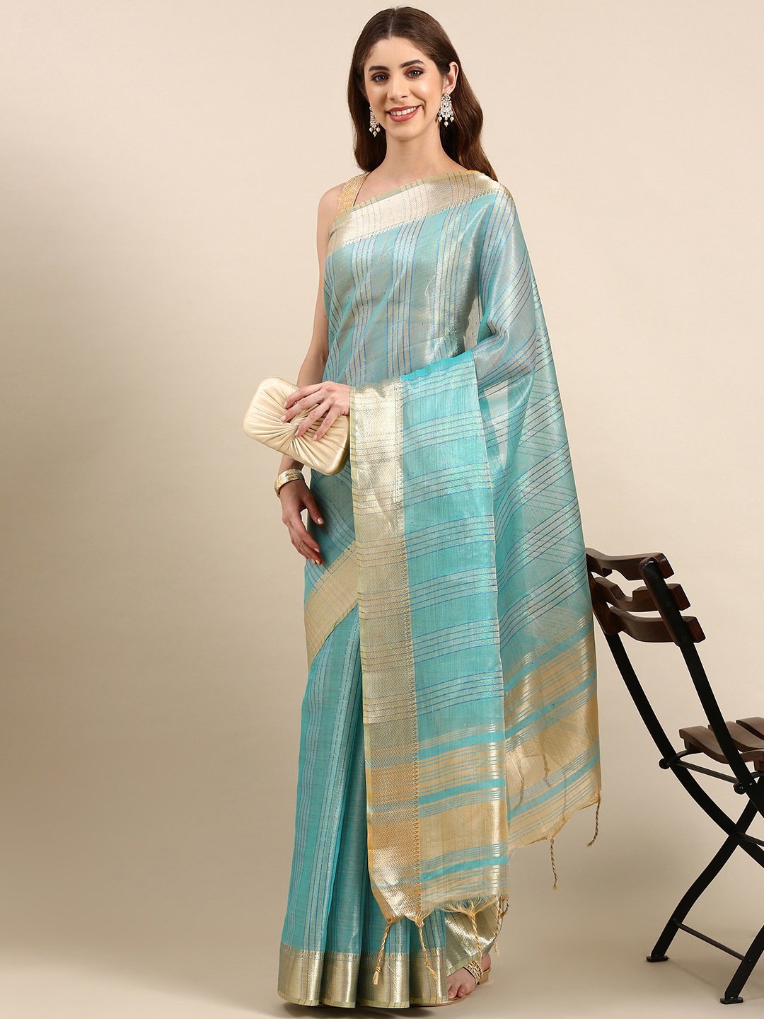

VISHNU WEAVES Woven Design Striped Silk Cotton Maheshwari Saree, Blue