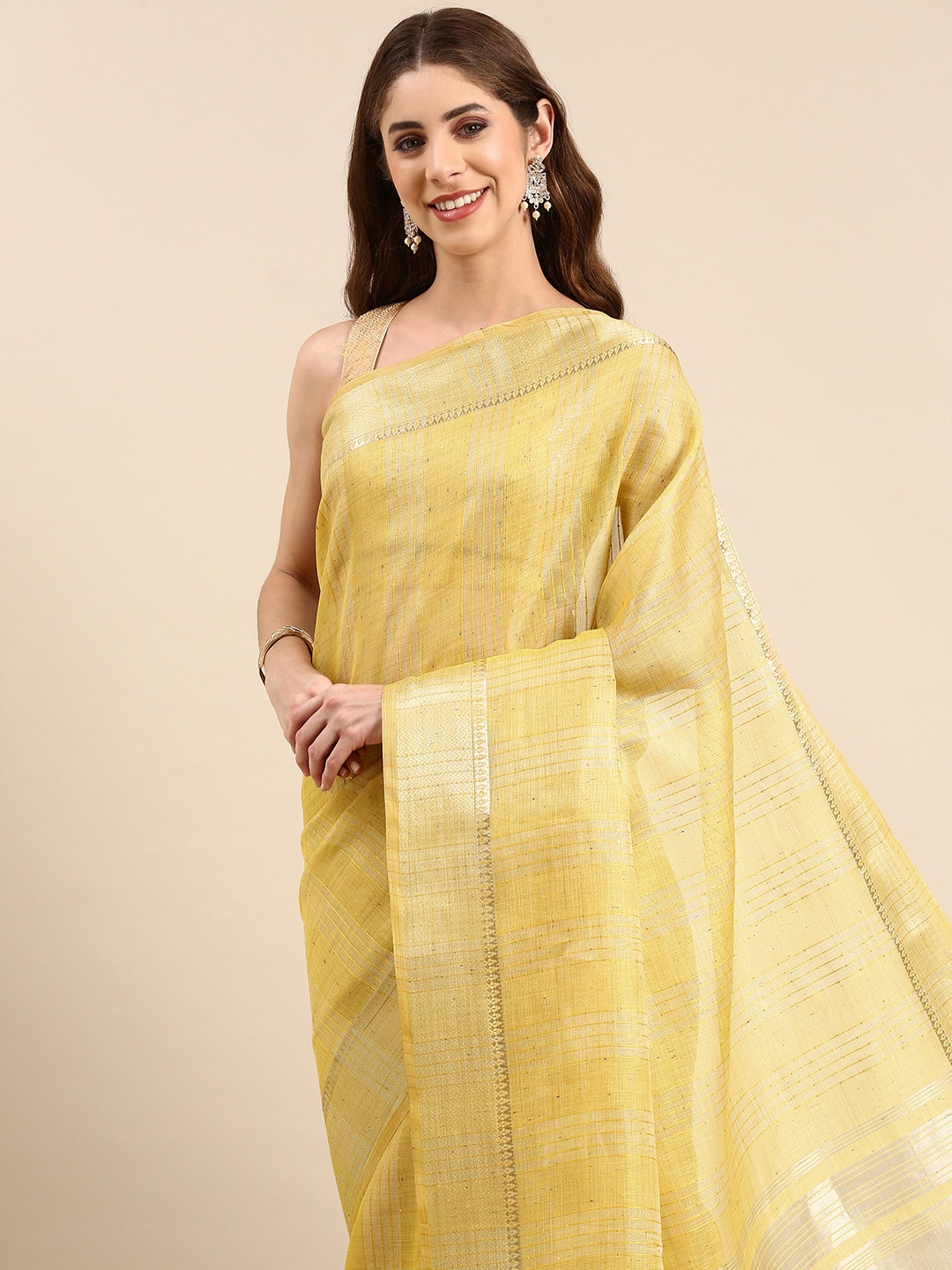 

VISHNU WEAVES Woven Design Striped Silk Cotton Maheshwari Saree, Yellow