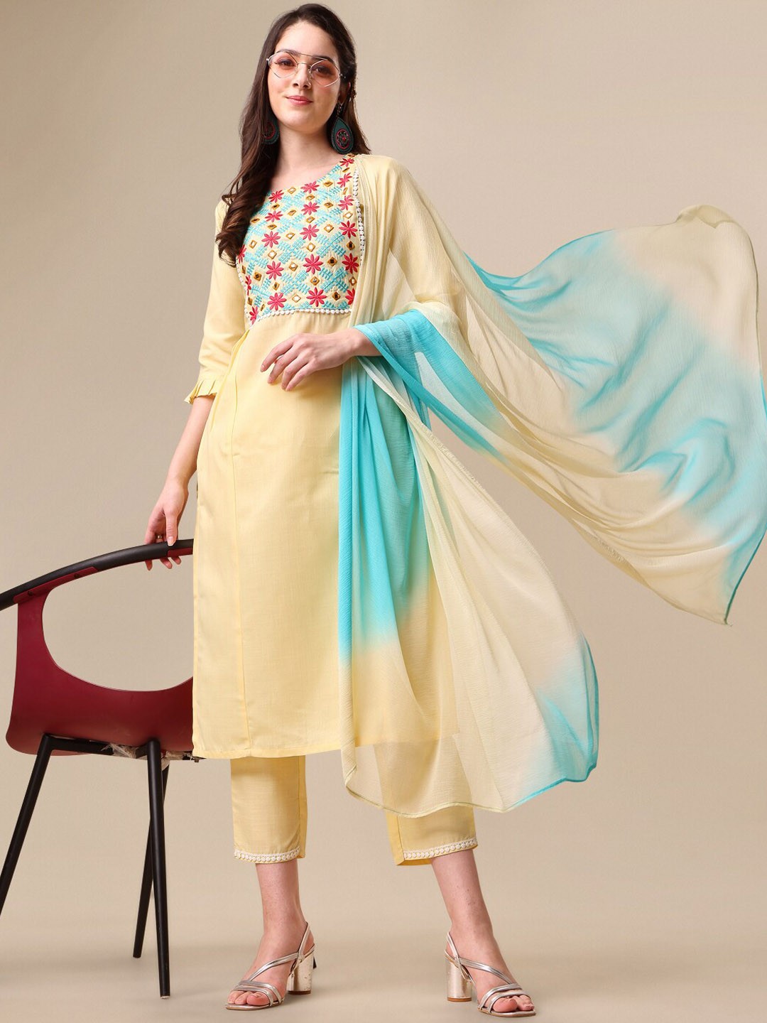 

KALINI Women Embroidered A-Line Kurta with Trousers & Ombre Dupatta Set, Yellow