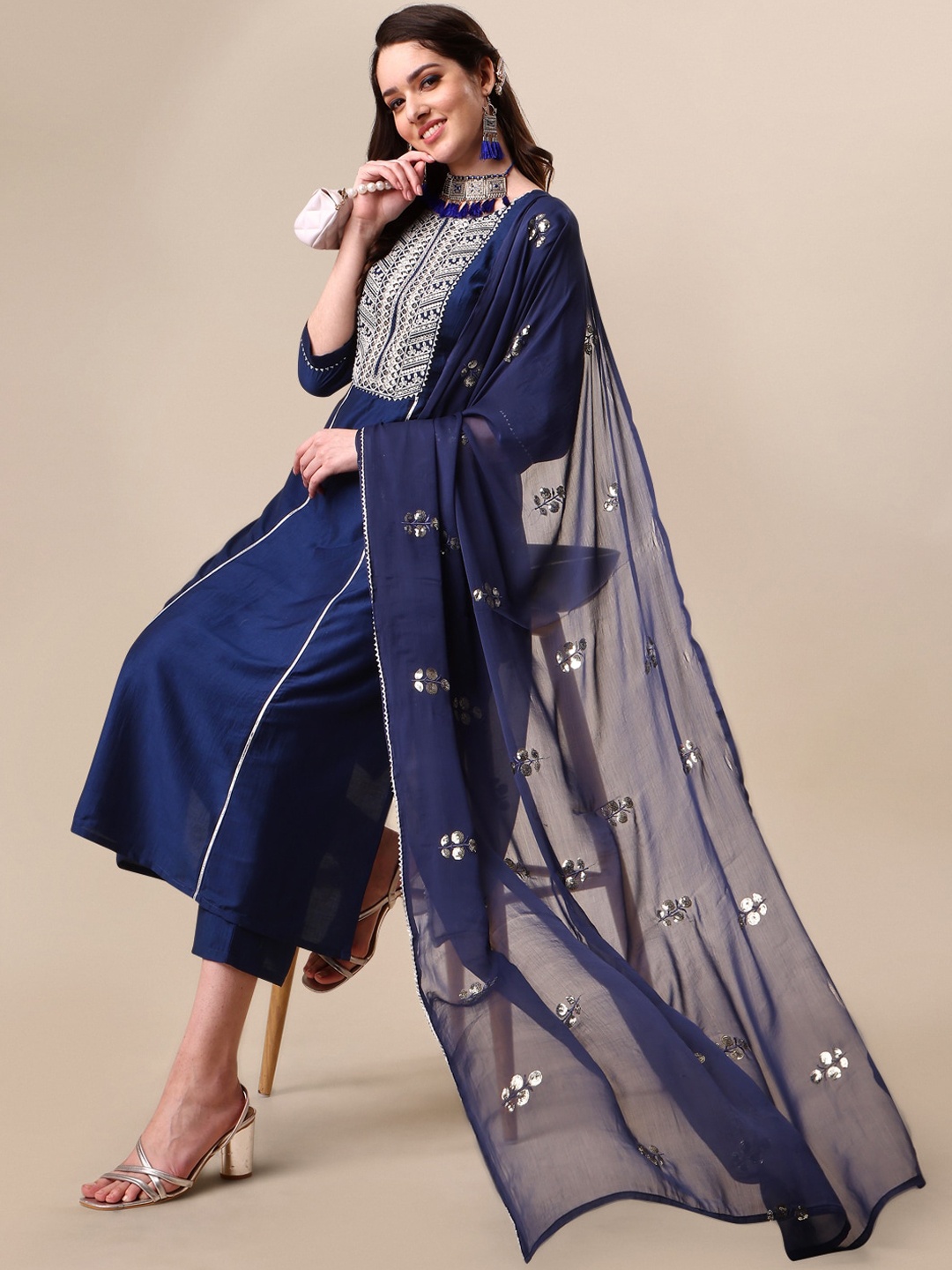 

KALINI Women Chinon Embroidered A-Line Kurta with Palazzo & Sequin Dupatta Set, Navy blue