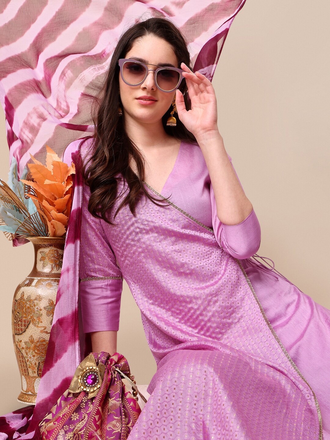 

KALINI Sequin Work Chanderi Silk Angarkha Kurta with Trousers & Ombre Dupatta Set, Lavender
