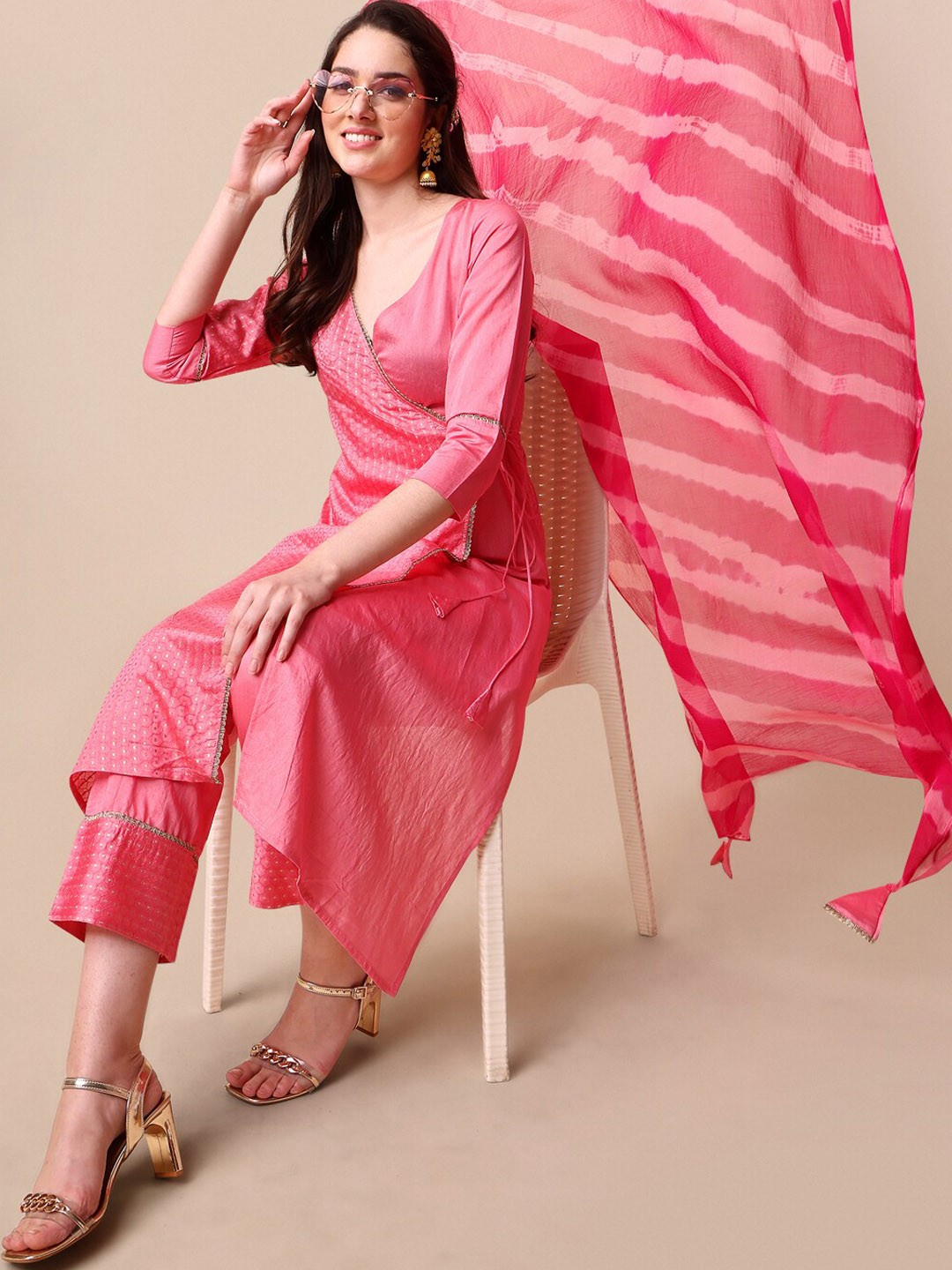 

KALINI Women Sequin Chanderi Silk Angarkha Kurta and Trousers with Ombre Dupatta Set, Pink