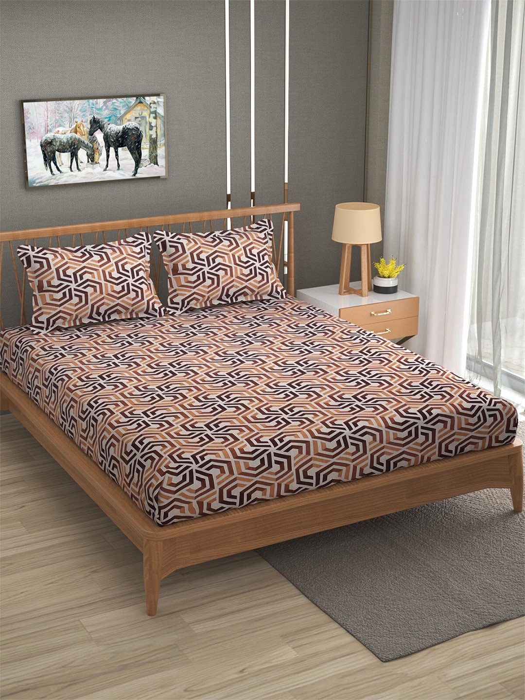 

Florida White & Brown Geometric 120 TC Flat Cotton Queen Bedsheet with 2 Pillow Covers
