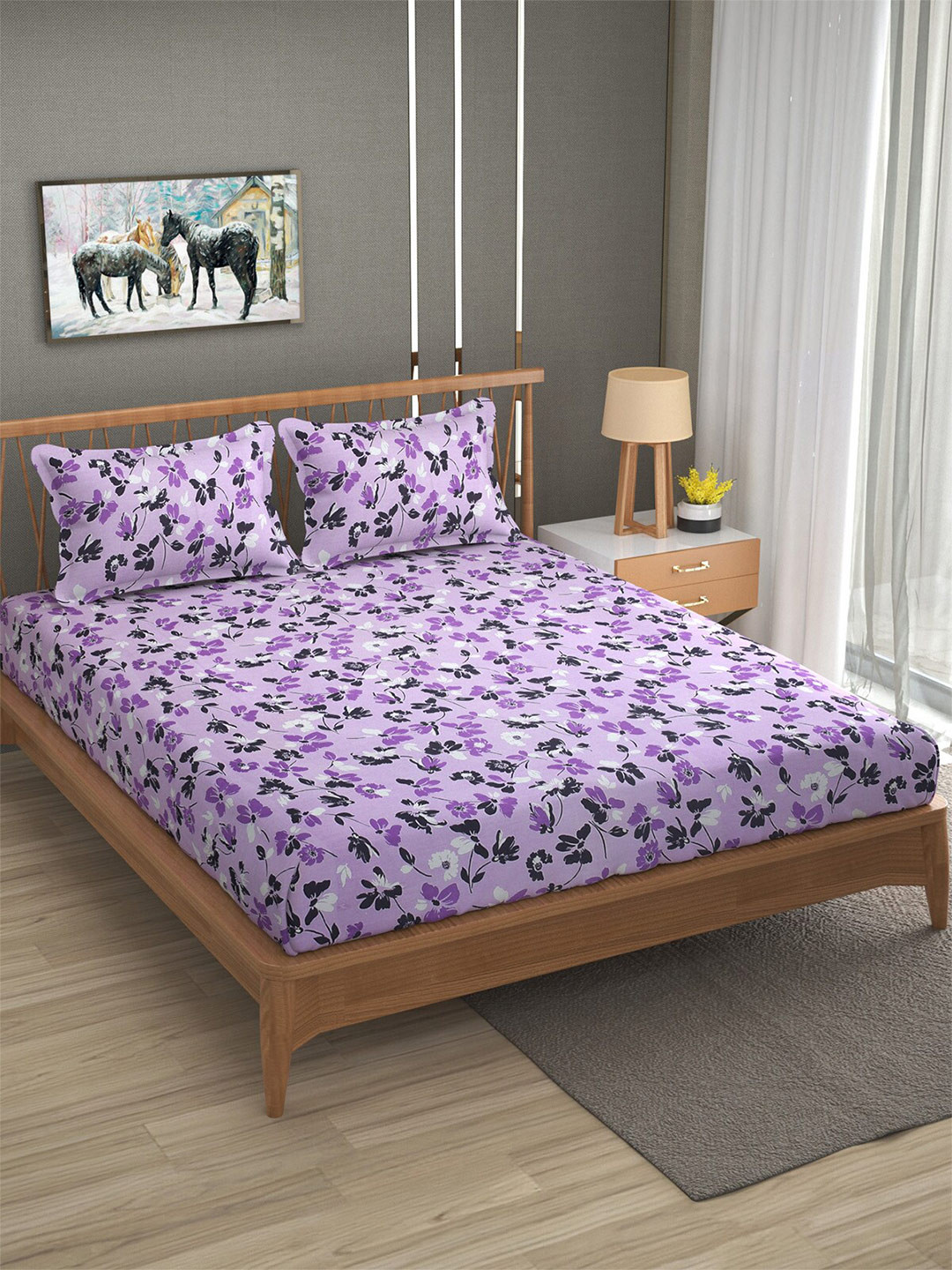 

Florida Lavender & White Floral 120 TC Flat Pure Cotton Queen Bedsheet & 2 Pillow Covers