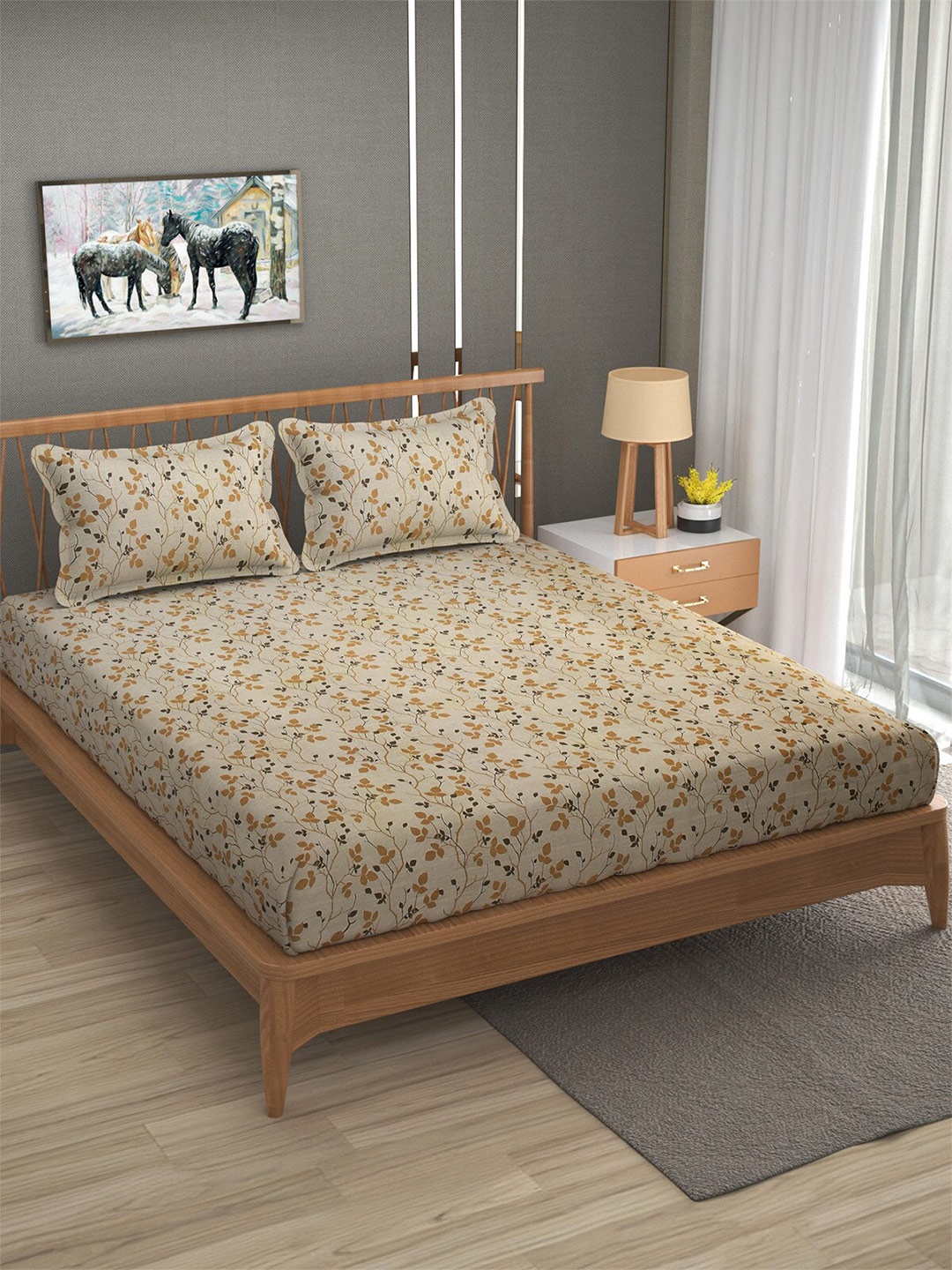 

Florida Beige & Brown Floral 120 TC Flat Pure Cotton Queen Bedsheet with 2 Pillow Covers