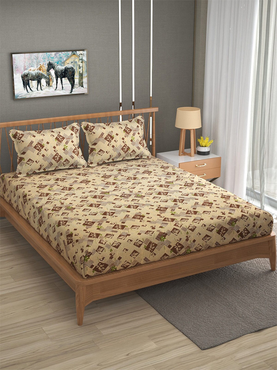 

Florida Mustard Yellow & Brown 120 TC Flat Pure Cotton Queen Bedsheet With 2 Pillow Covers