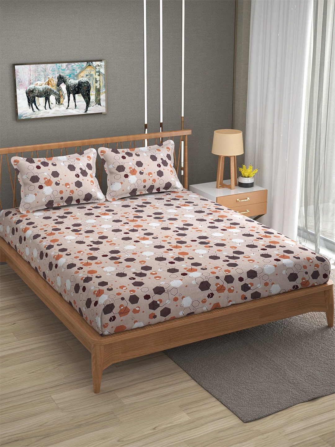 

Florida Peach-Coloured & Brown 120 TC Flat Pure Cotton Queen Bedsheet With 2 Pillow Covers