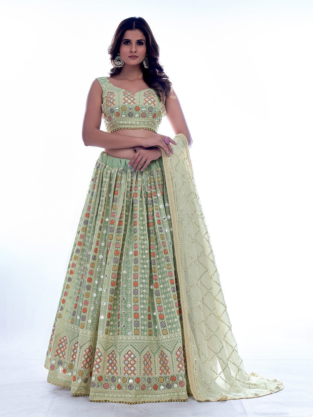 

Fusionic Embroidered Thread Work Semi-Stitched Lehenga & Unstitched Blouse With Dupatta, Green