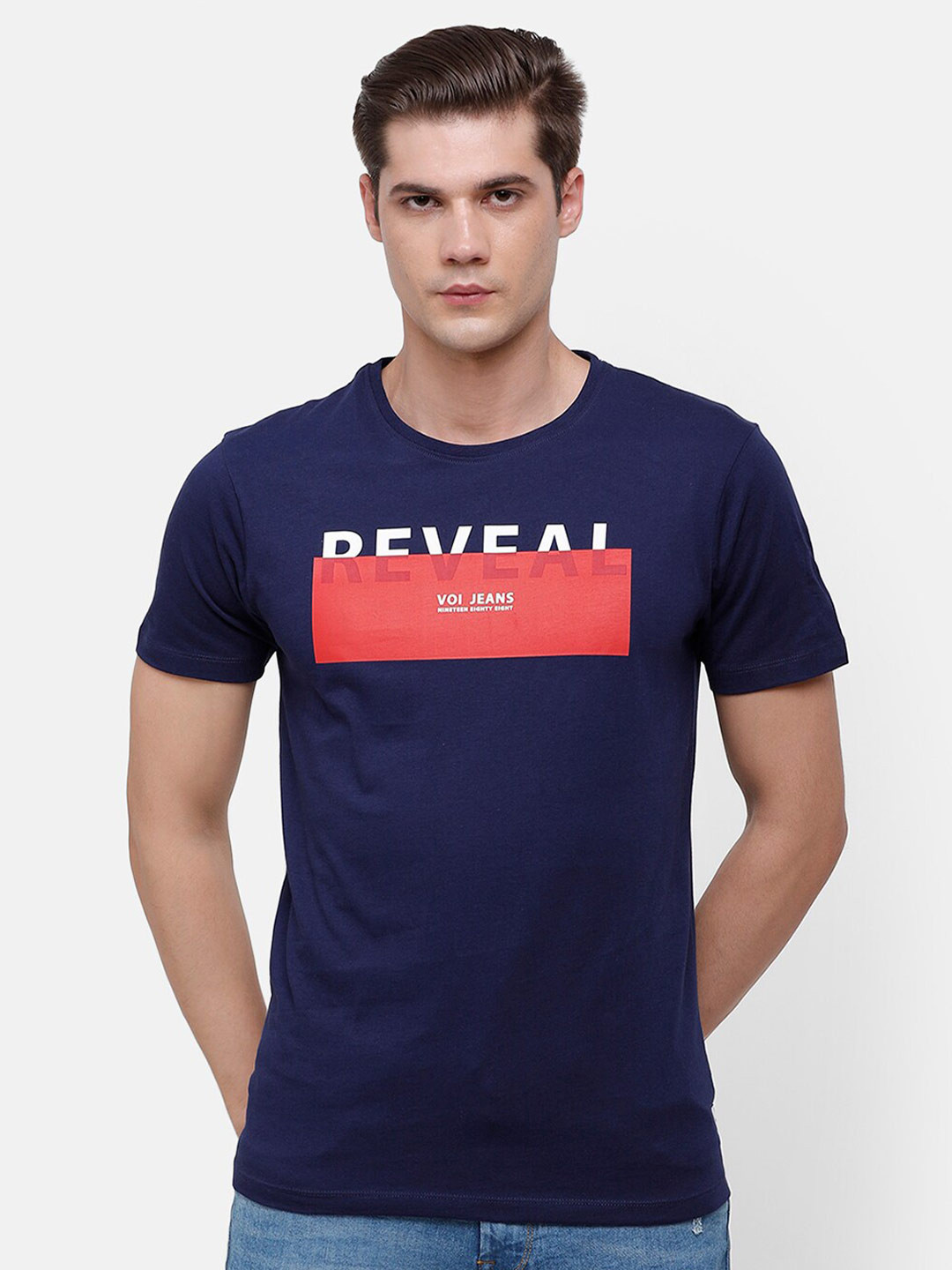 

Voi Jeans Men Typography Printed Slim Fit Cotton T-shirt, Navy blue