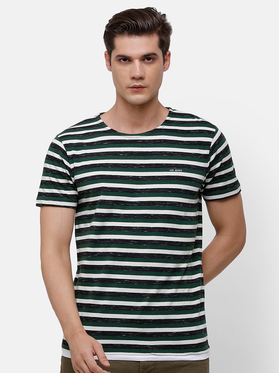 

Voi Jeans Men Striped Slim Fit Cotton T-shirt, Black