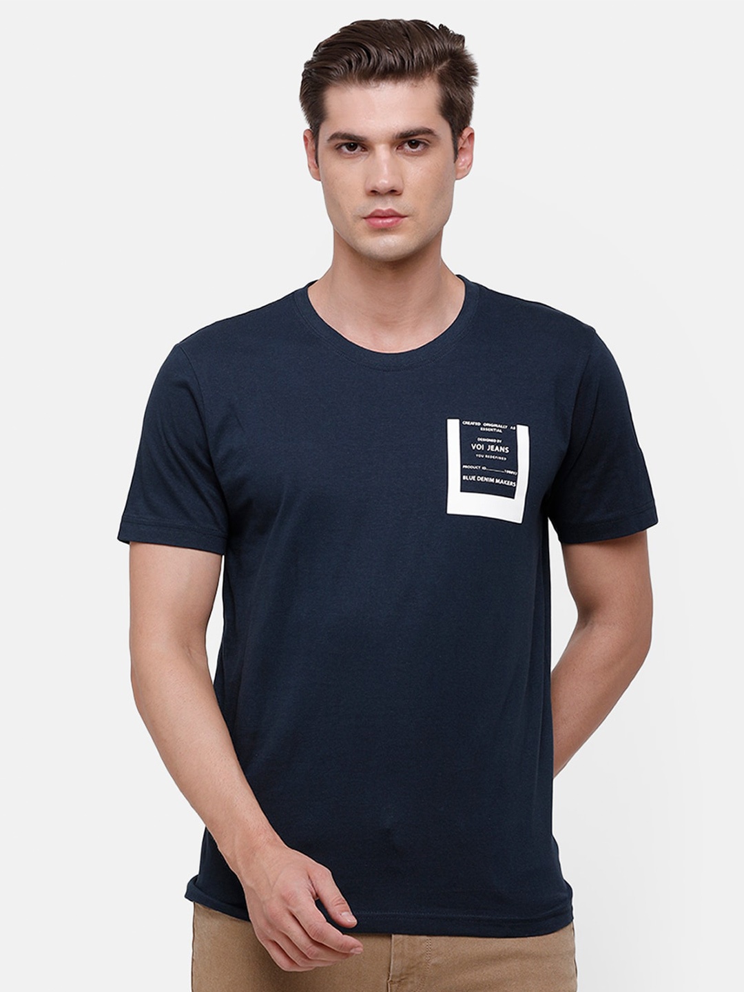 

Voi Jeans Men Typography Printed Slim Fit Cotton T-shirt, Navy blue