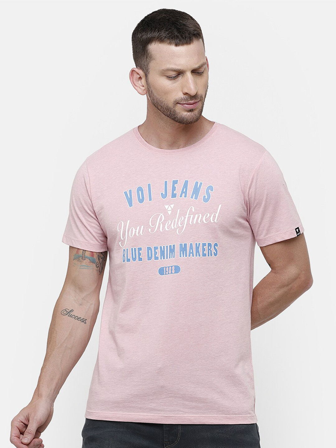 

Voi Jeans Men Typography Printed Slim Fit Cotton T-shirt, Pink