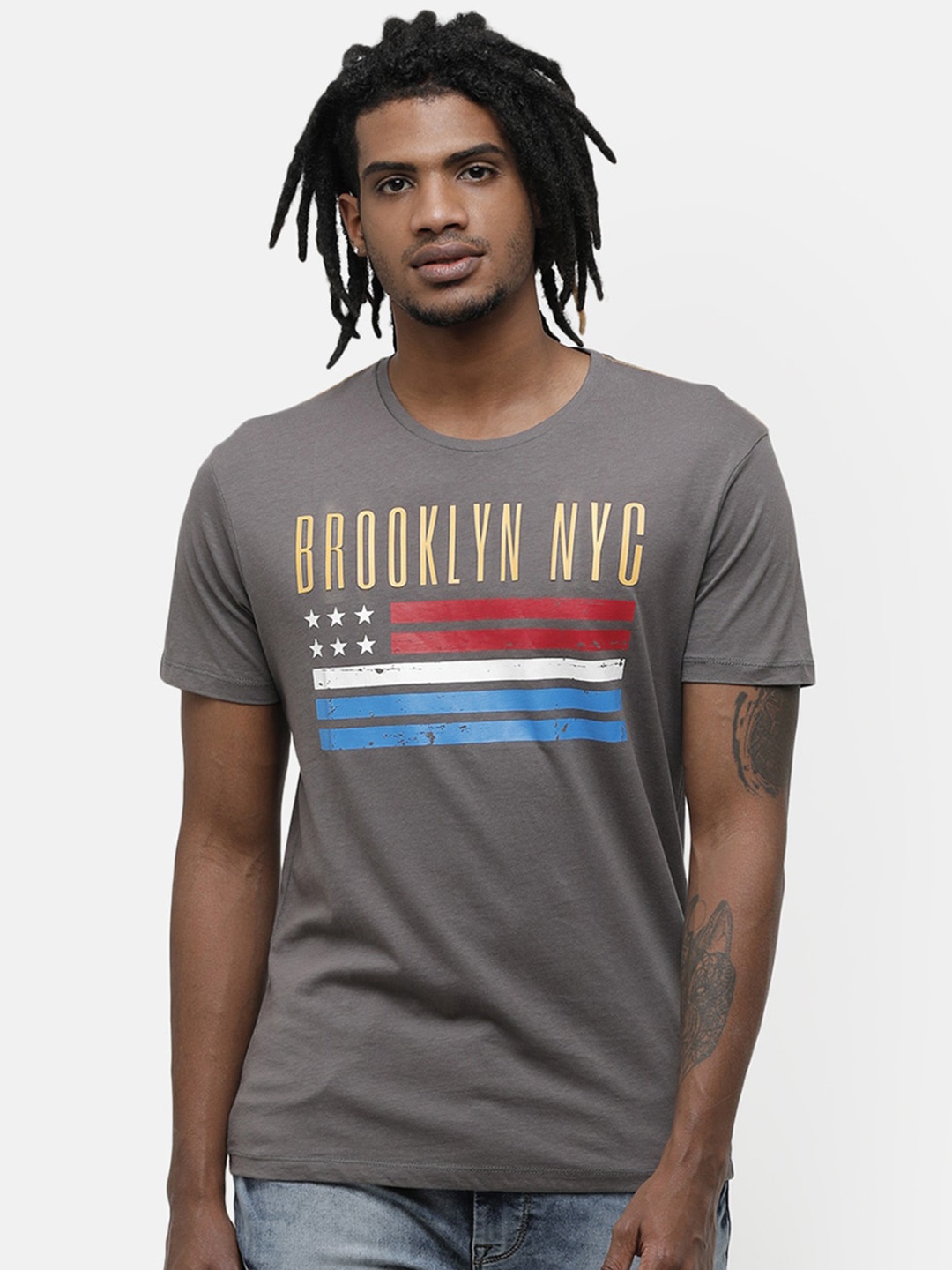 

Voi Jeans Men Typography Printed Slim Fit Cotton T-shirt, Brown