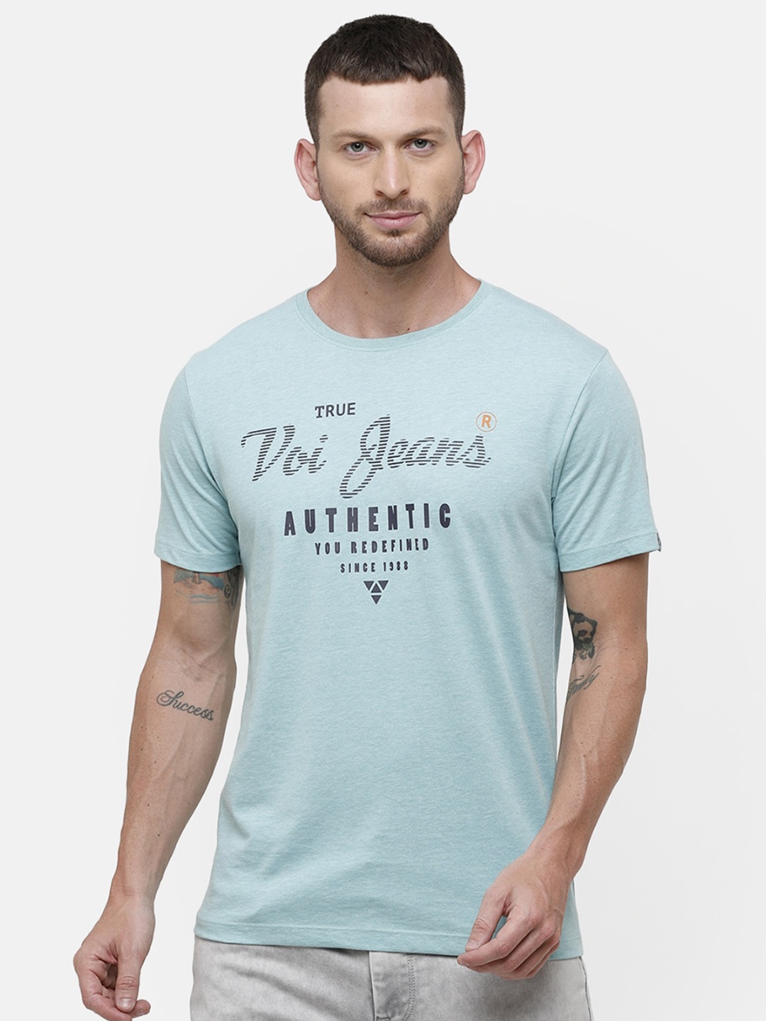 

Voi Jeans Men Typography Printed Slim Fit Cotton T-shirt, Blue