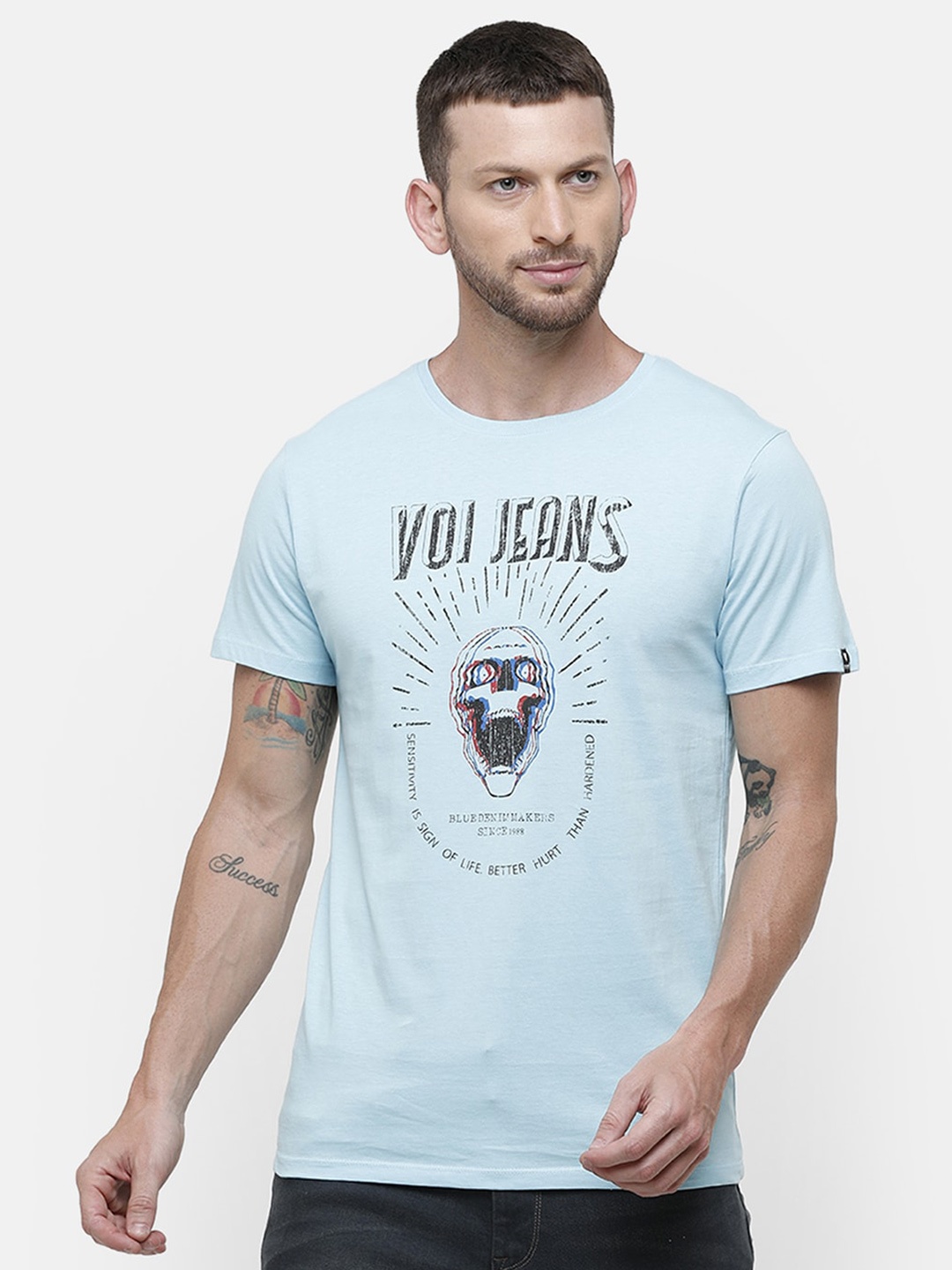 

Voi Jeans Men Typography Printed Slim Fit Cotton T-shirt, Blue