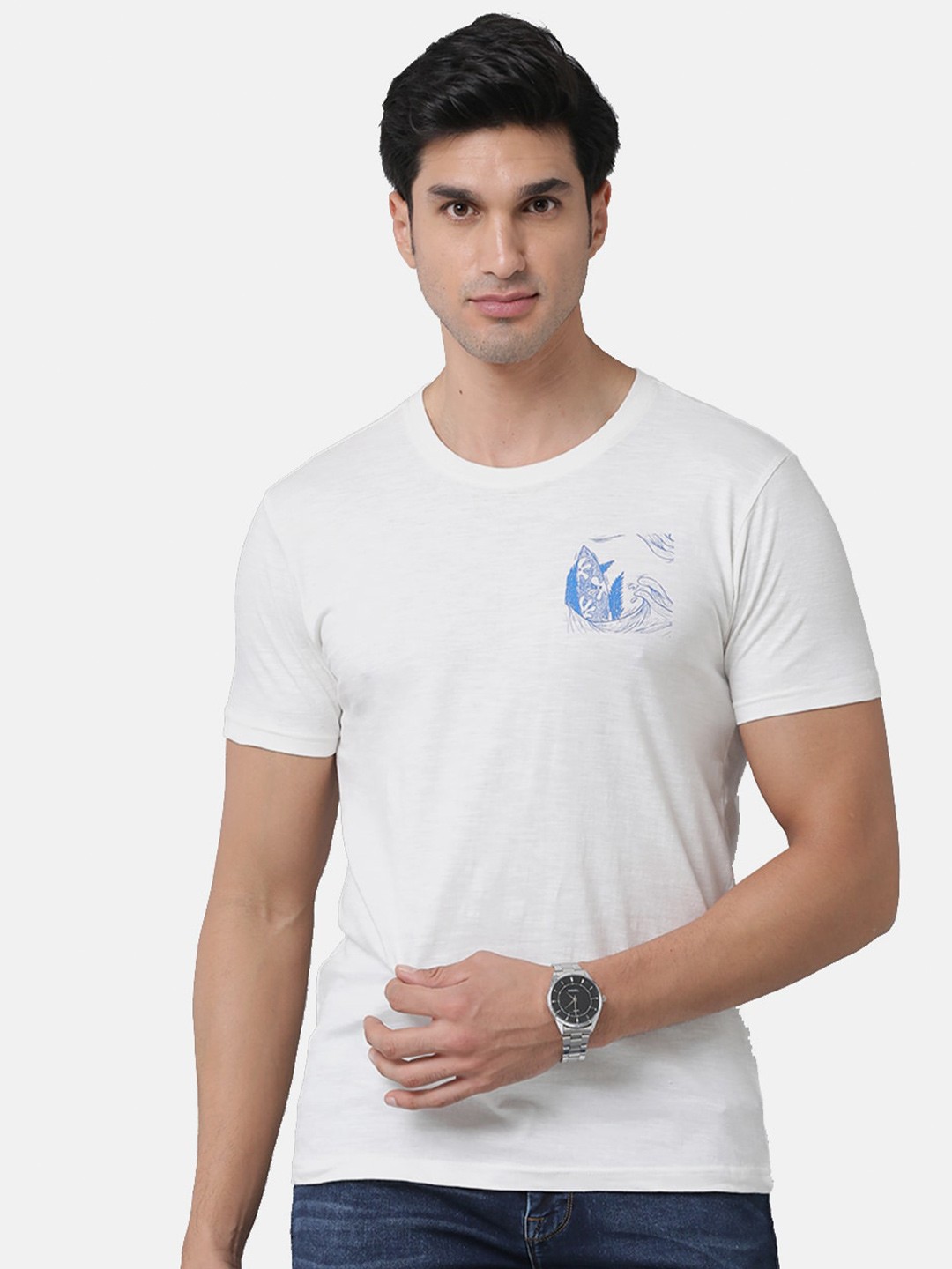 

Voi Jeans Men Round Neck Pure Cotton T-Shirt, White