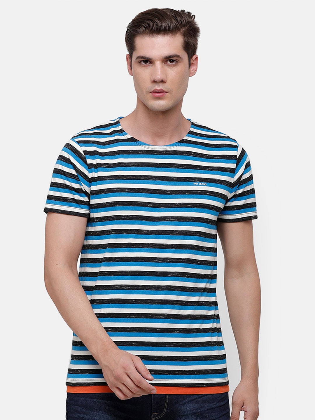 

Voi Jeans Men Striped Round Neck Cotton T-shirt, White
